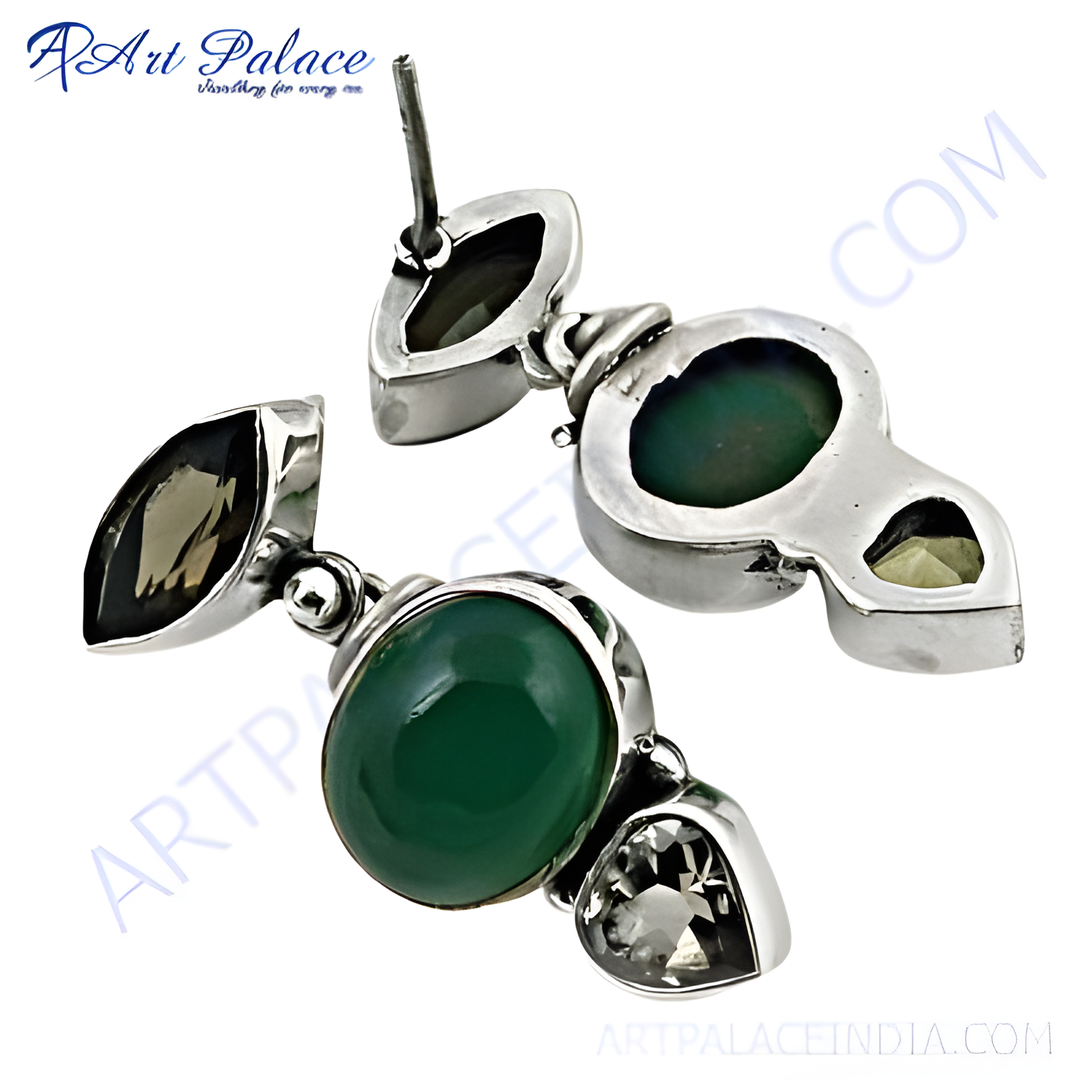 925 sterling silver dangle earrings featuring green onyx gemstones and additional accent stones.