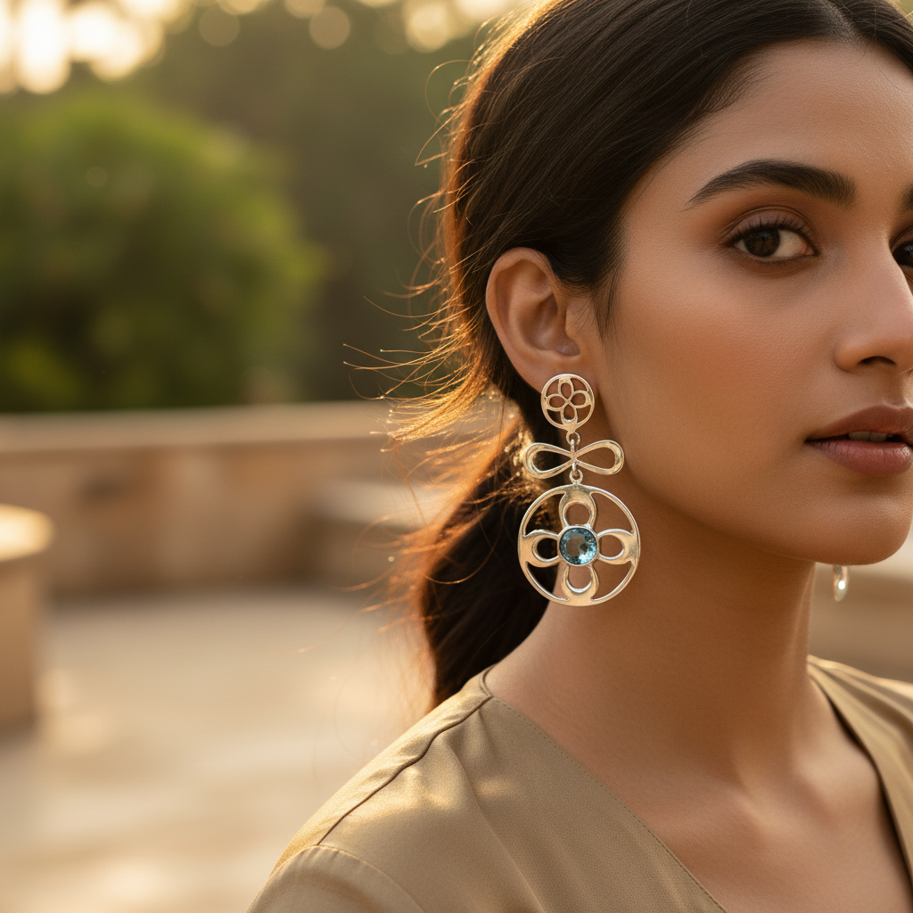 925 Silver Blue Topaz Earrings | Floral Design | Women's Jewelry