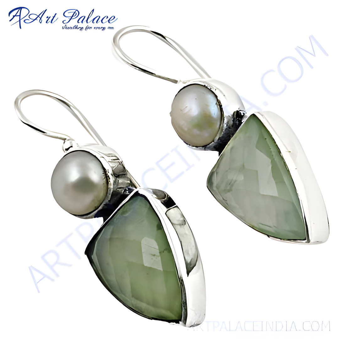 925 sterling silver drop earrings featuring a pearl and a green gemstone, elegant design.