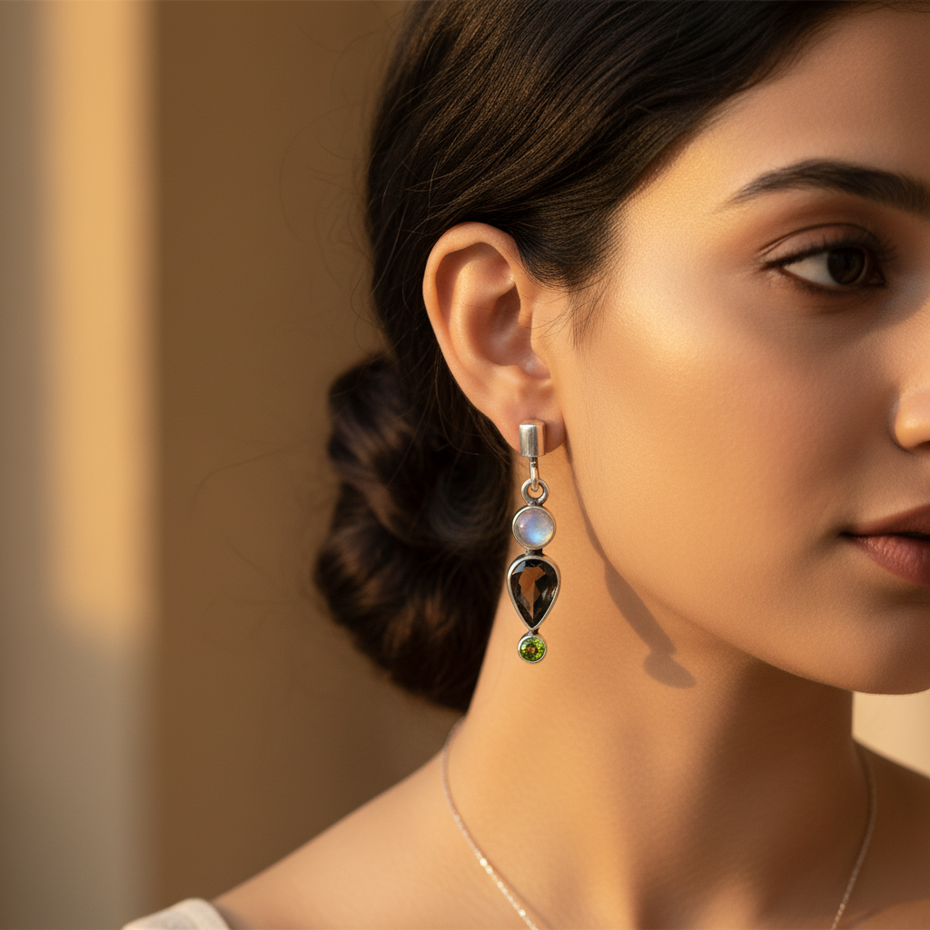 925 Silver Moonstone & Peridot Drop Earrings for Women