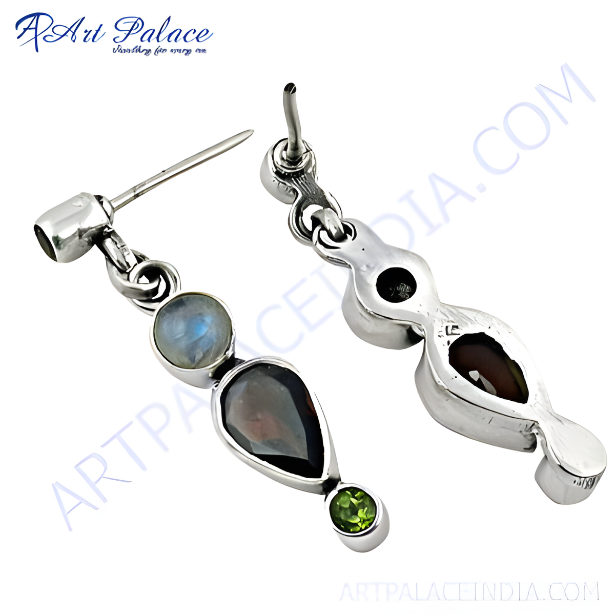 925 sterling silver drop earrings featuring a moonstone, smoky quartz, and peridot gemstones