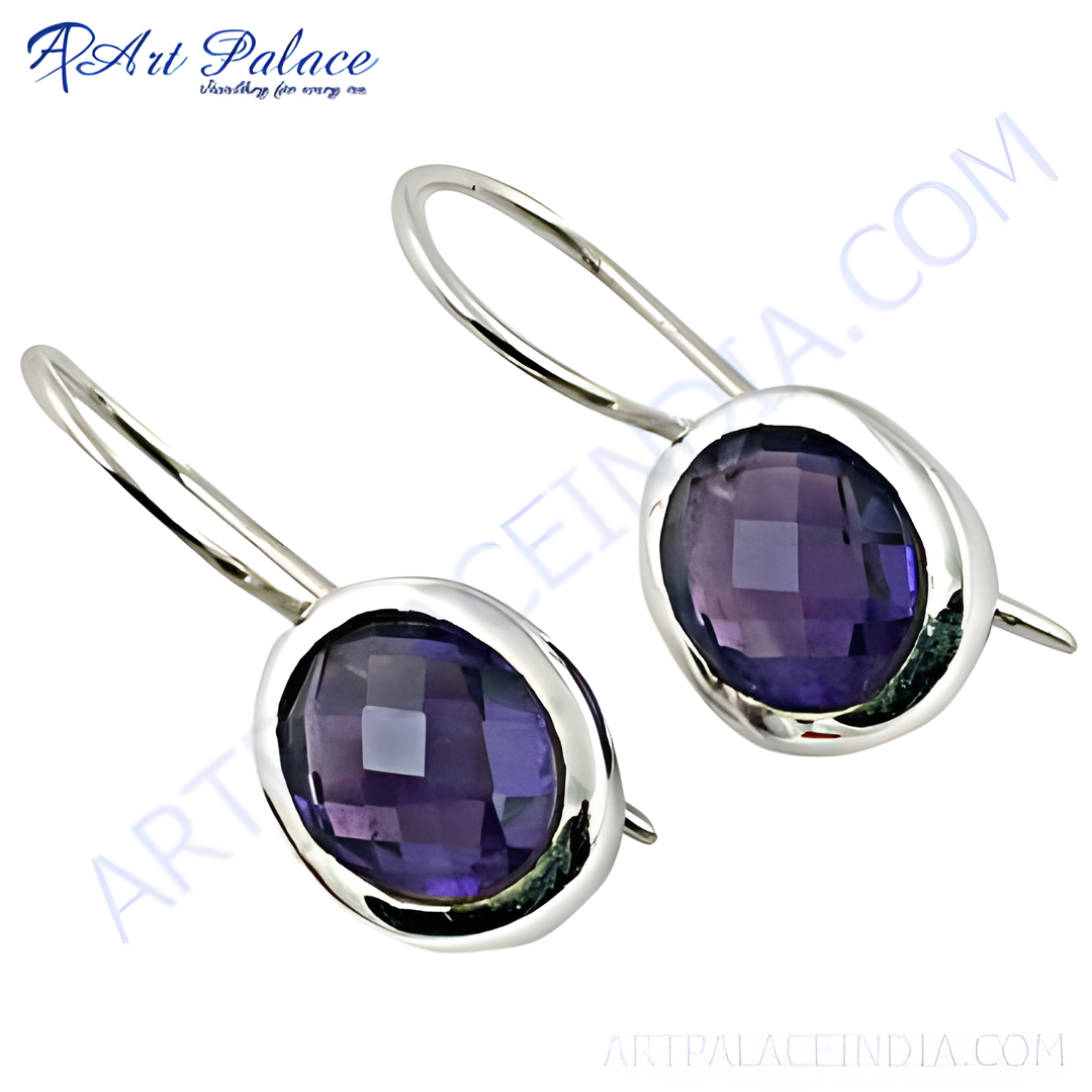 Sterling silver drop earrings featuring faceted purple amethyst gemstones, perfect for any occasion.