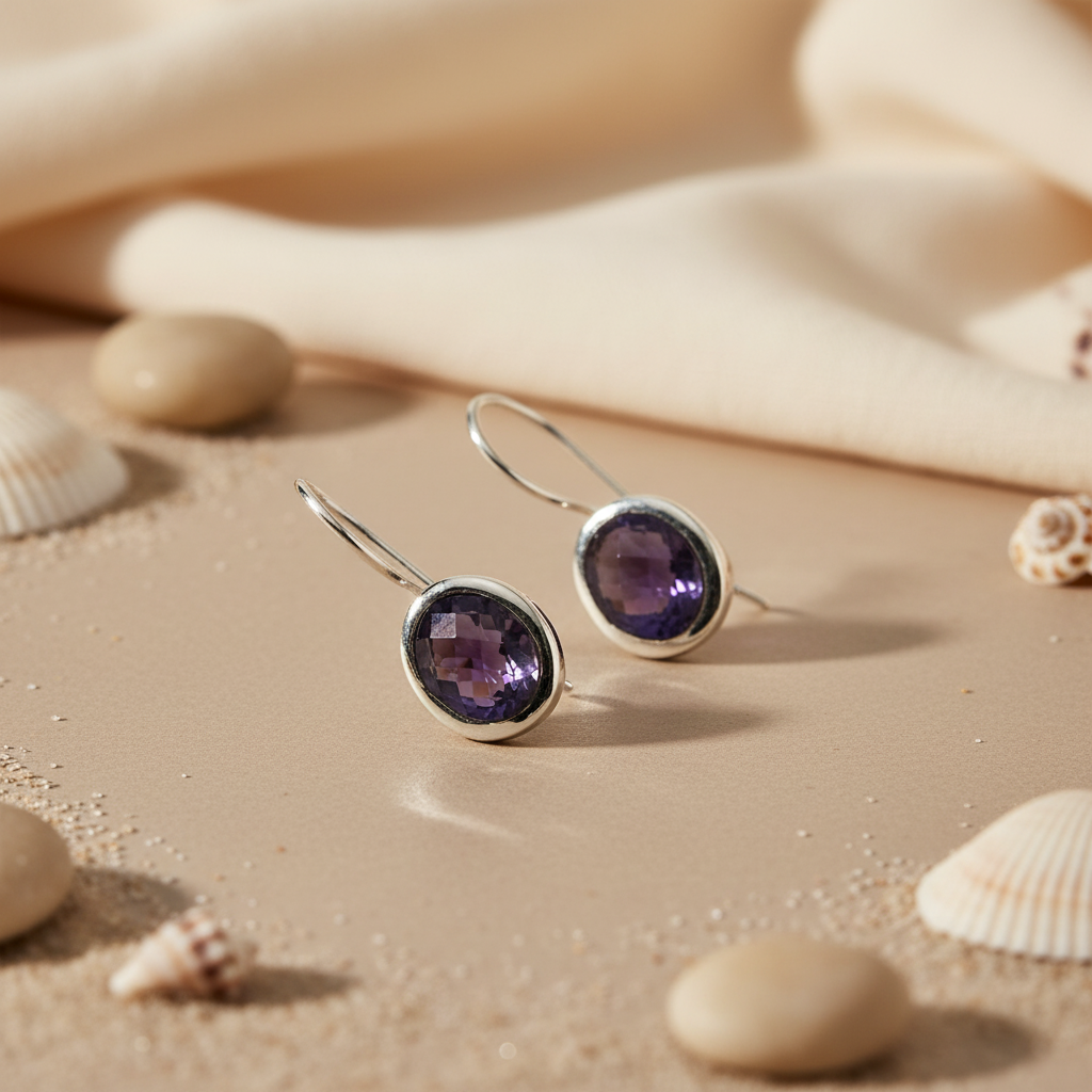 Silver Amethyst Drop Earrings for Women | Gemstone Jewelry