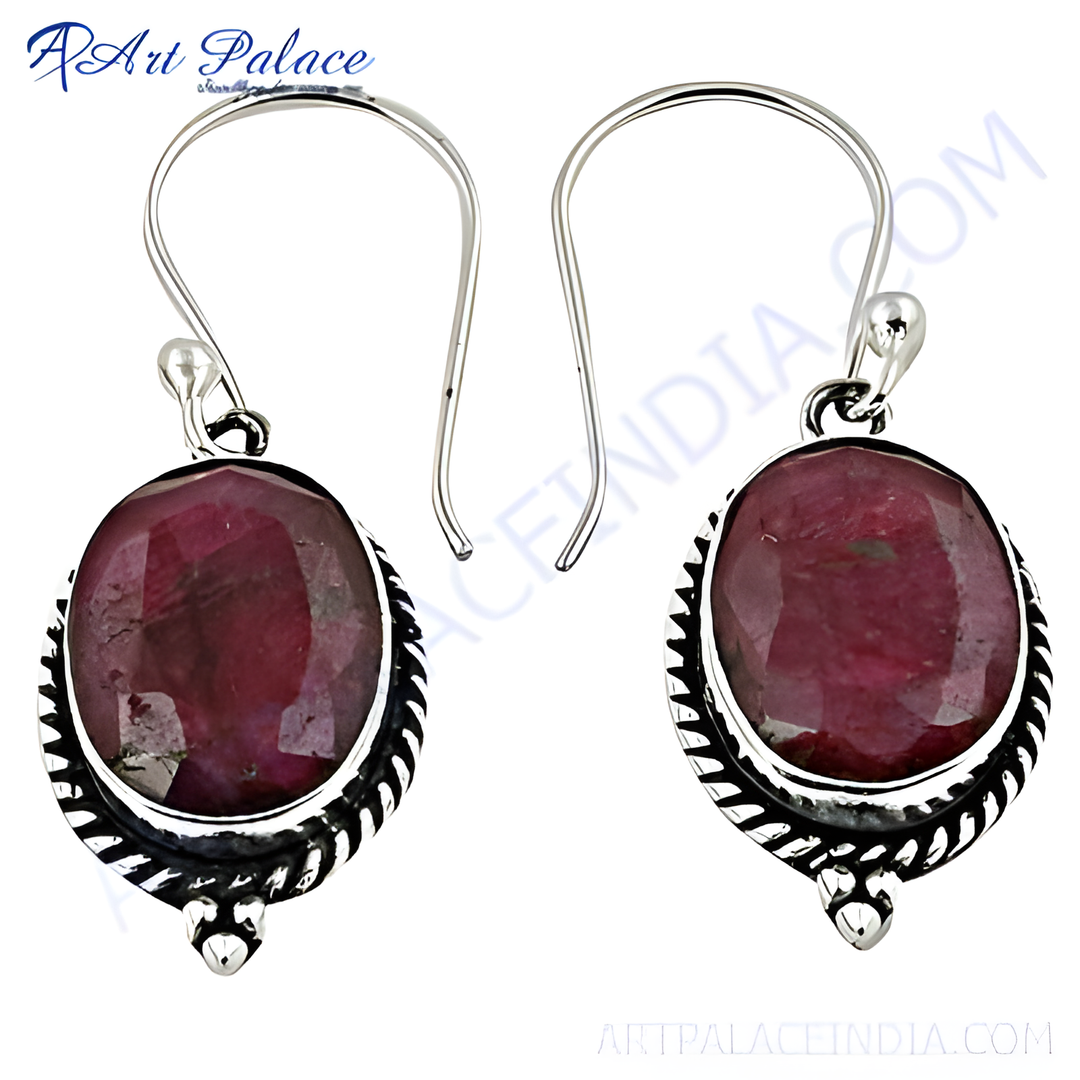 925 sterling silver ruby gemstone dangle earrings in red color