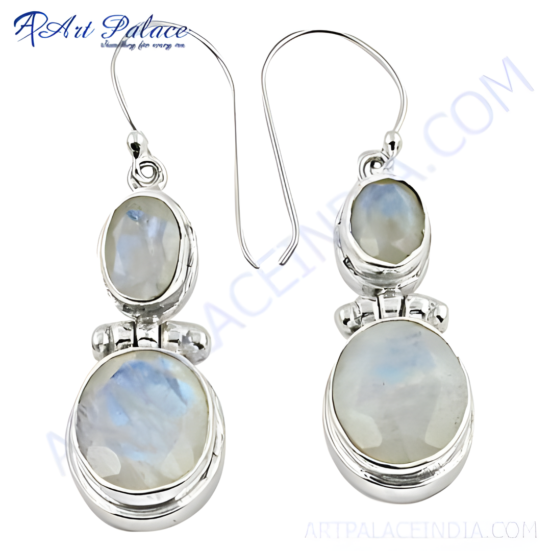 925 silver dangle earrings featuring oval and round moonstone gemstones with a hook clasp.