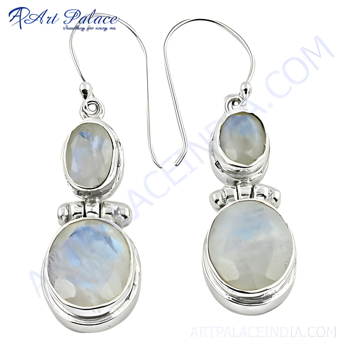 925 silver dangle earrings featuring oval and round moonstone gemstones with a hook clasp