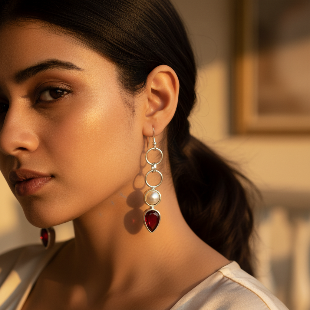 925 Silver Pearl & Red Gemstone Earrings for Women