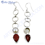 Load image into Gallery viewer, 925 sterling silver dangle earrings with white pearl and red teardrop gemstones
