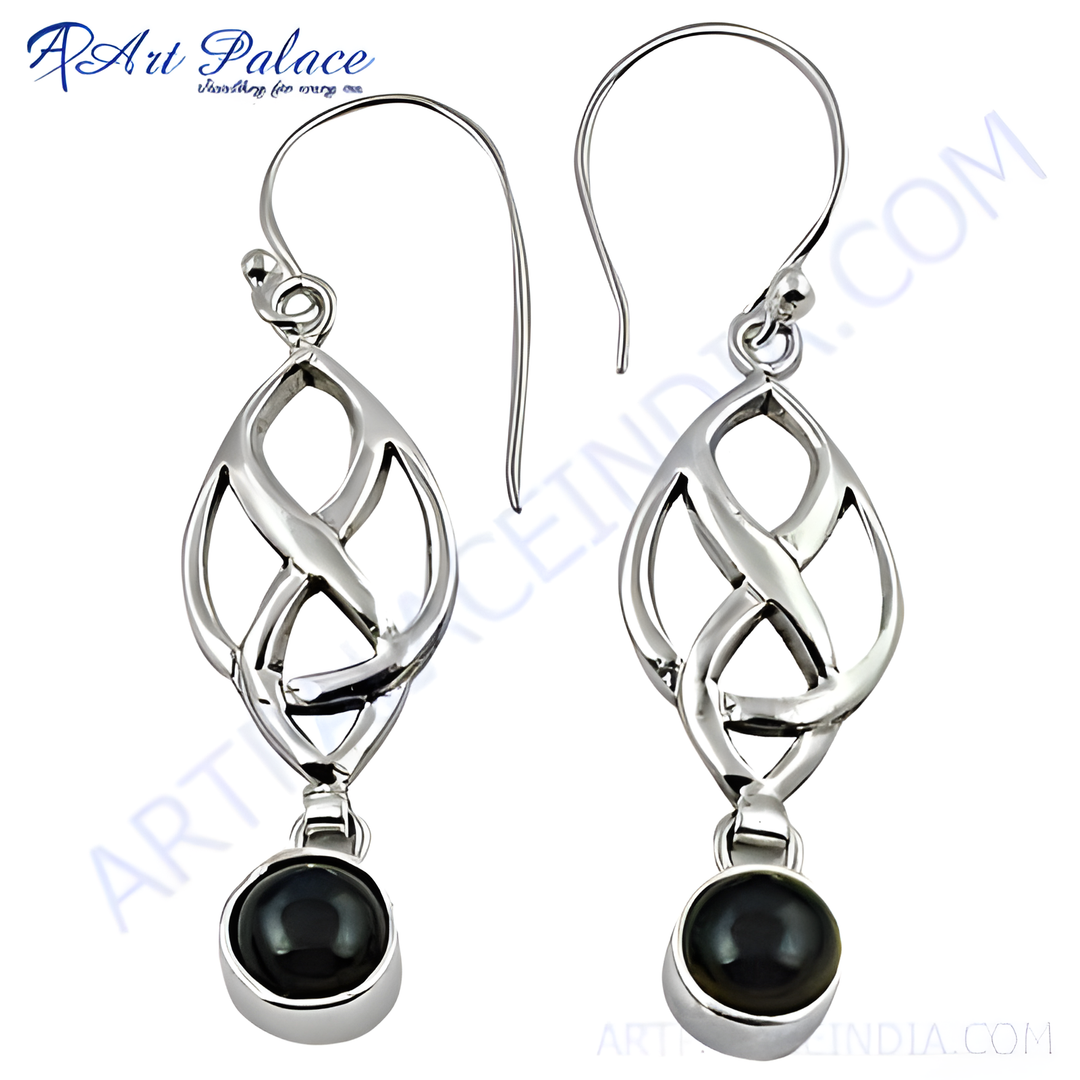 Sterling silver dangle earrings with black onyx gemstones and a Celtic knot design