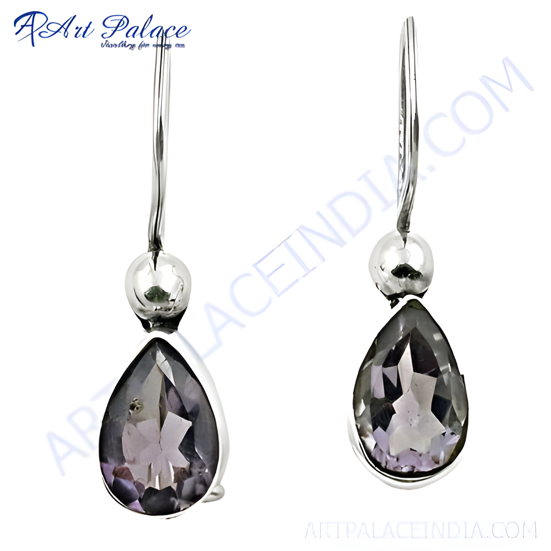 925 sterling silver dangle earrings featuring teardrop-shaped amethyst gemstones in a polished setting.