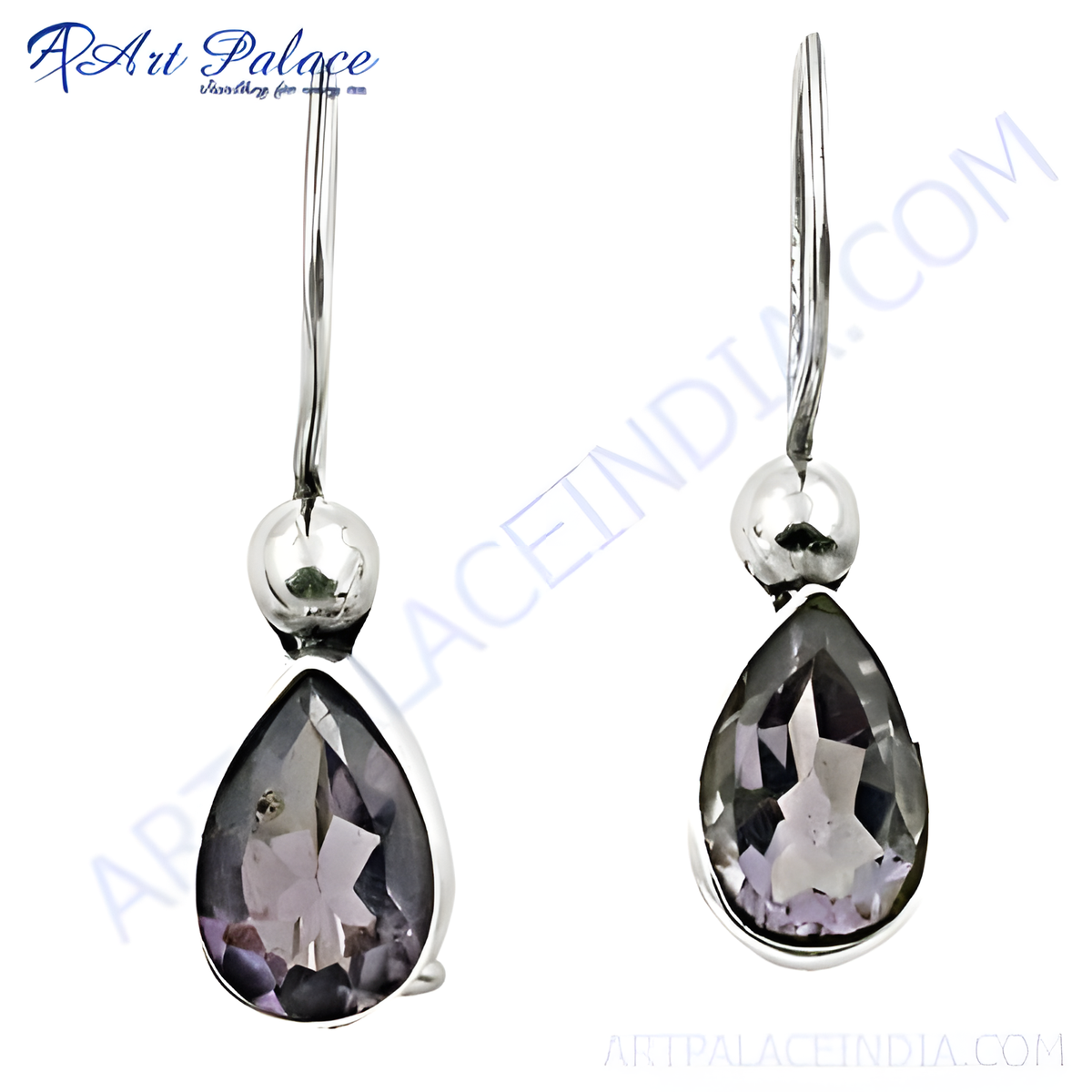 925 sterling silver dangle earrings featuring teardrop shaped amethyst gemstones in a polished setting