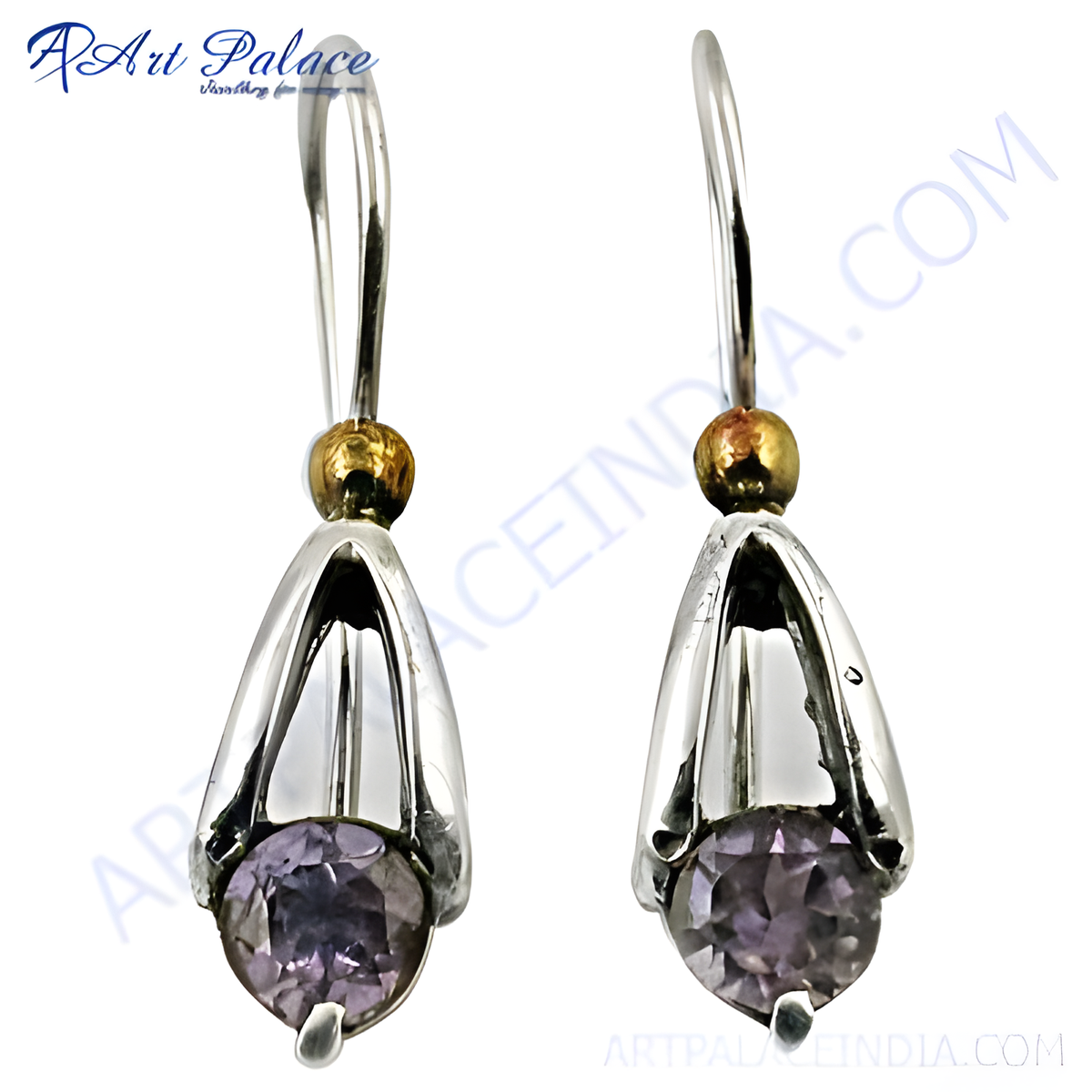 925 sterling silver drop earrings with round cut amethyst gemstones, featuring a gold accent
