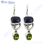 Load image into Gallery viewer, 925 sterling silver dangle earrings with peridot and lapis gemstones. Green and blue stone jewelry.

