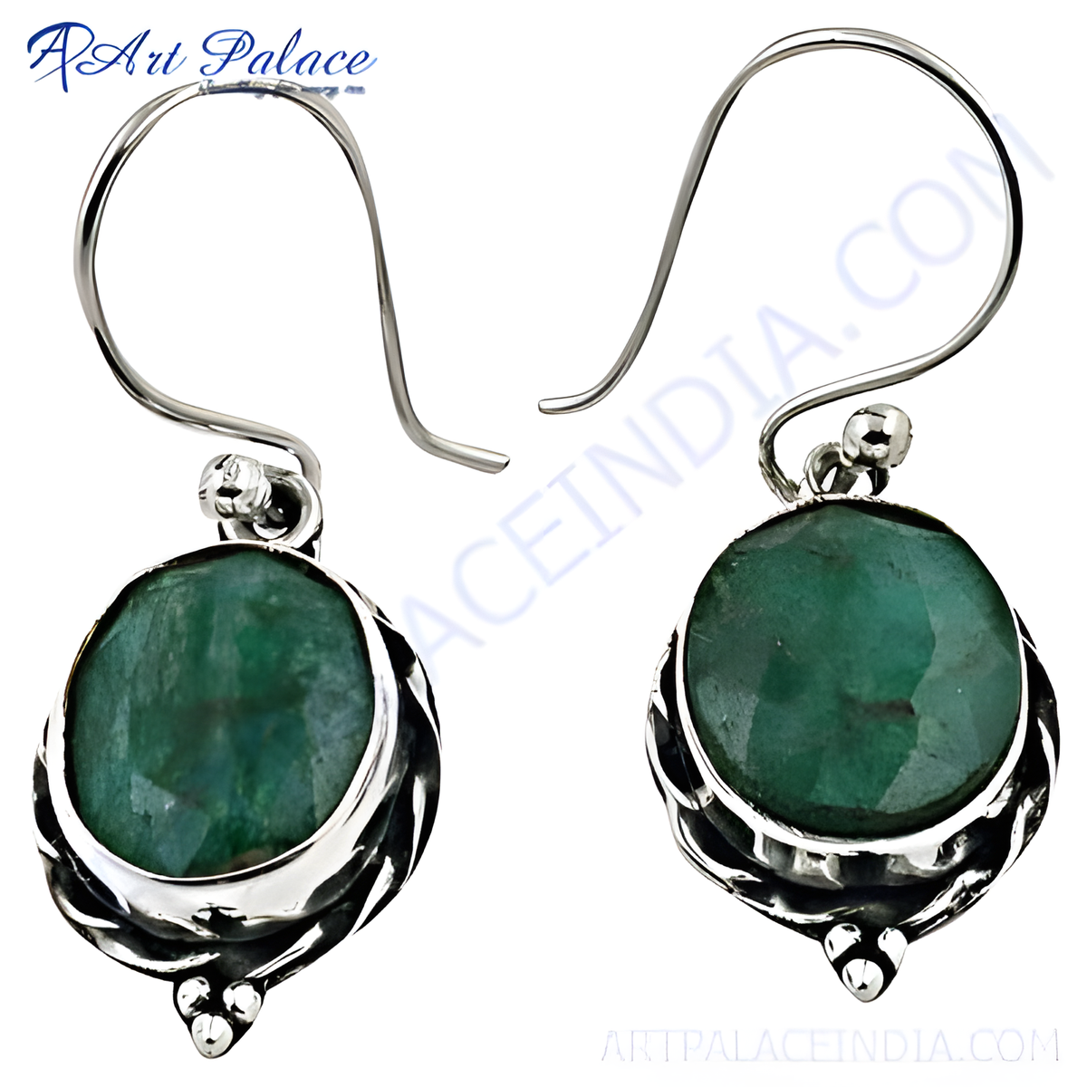 925 sterling silver drop earrings featuring oval cut emerald gemstones in a setting