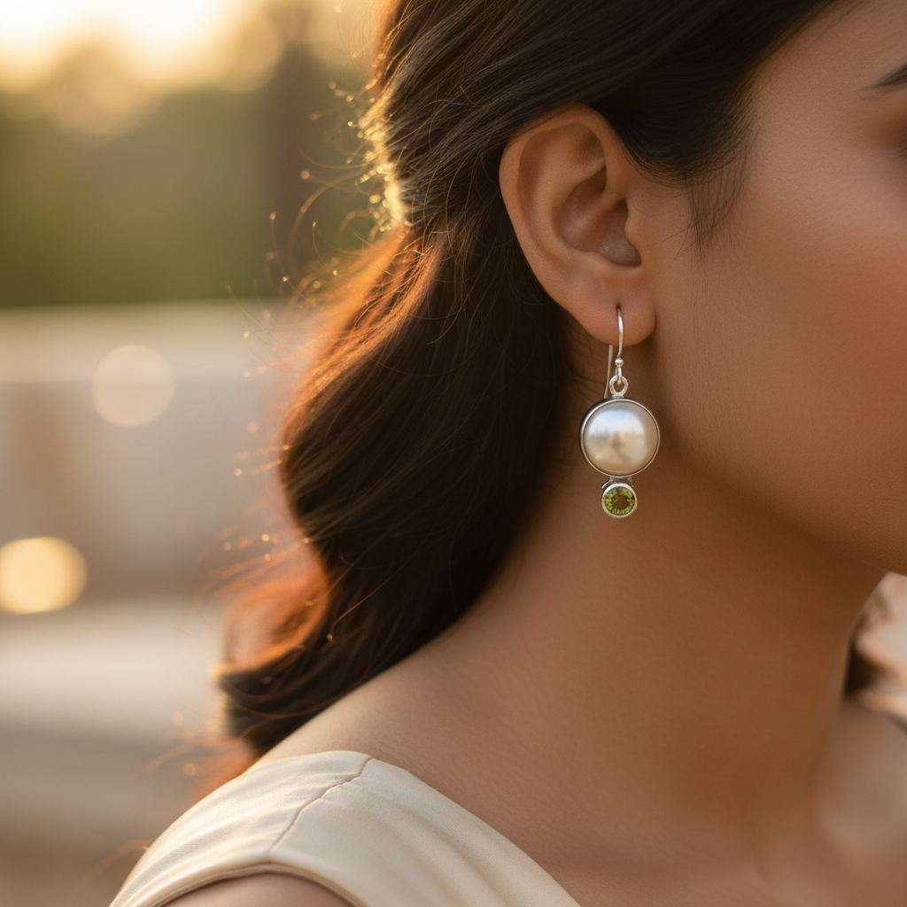 925 Silver Pearl & Peridot Drop Earrings for Women | Gift