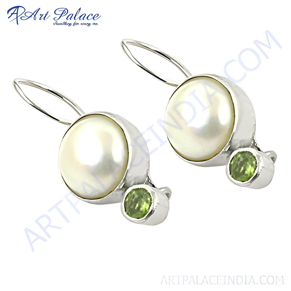 Sterling silver drop earrings with white pearls and green peridot gemstones