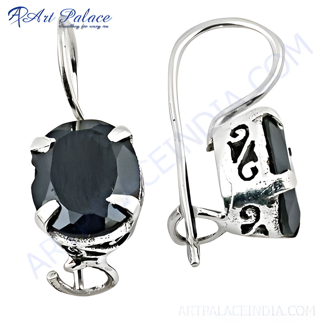 925 sterling silver dangle earrings with oval-cut black sapphire gemstone.