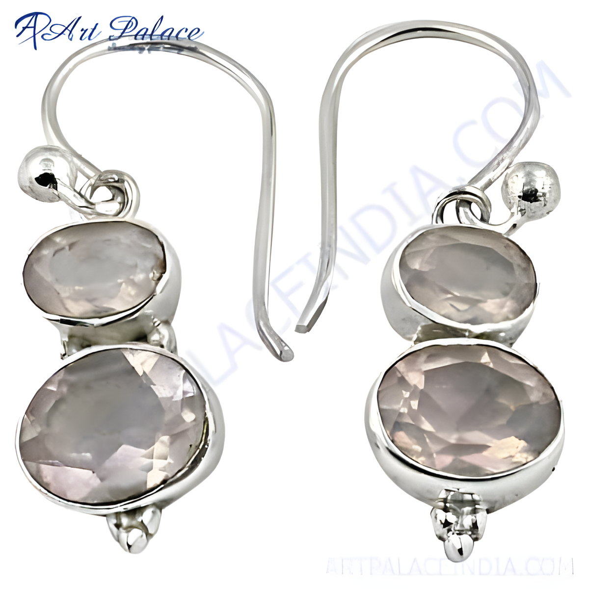 925 sterling silver dangle earrings with two oval rose quartz gemstones, featuring a hook closure design