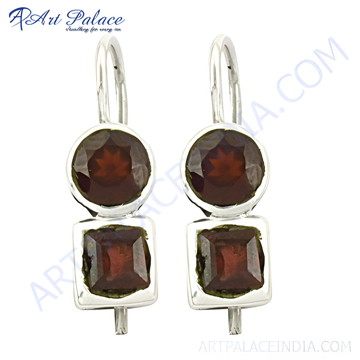 925 sterling silver drop earrings featuring round and square cut red garnet gemstones