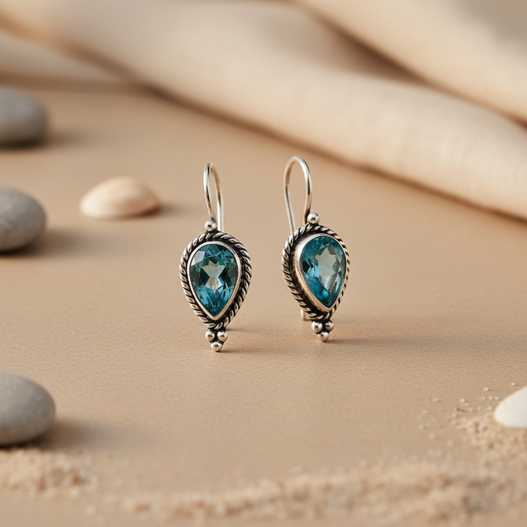 925 Silver Blue Topaz Teardrop Earrings for Women