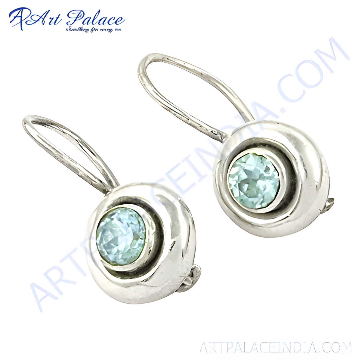 925 sterling silver dangle earrings featuring round blue topaz gemstones, set in a silver frame