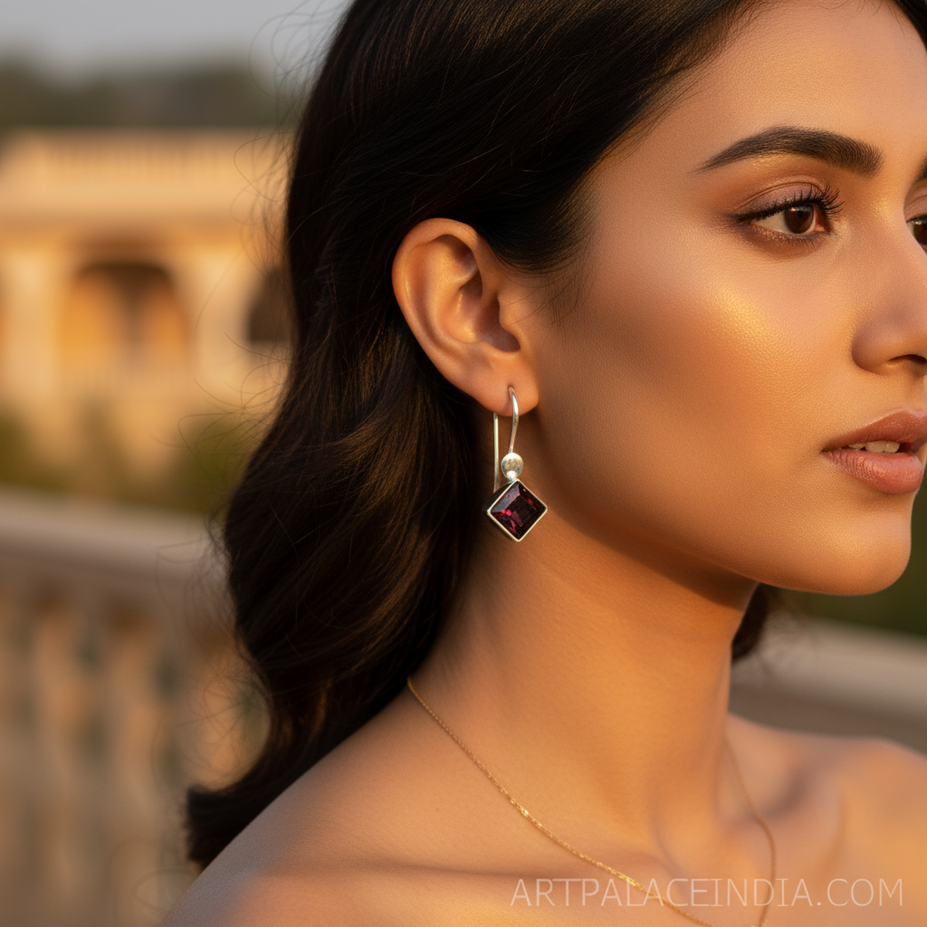 925 silver garnet square drop earrings for women | gift
