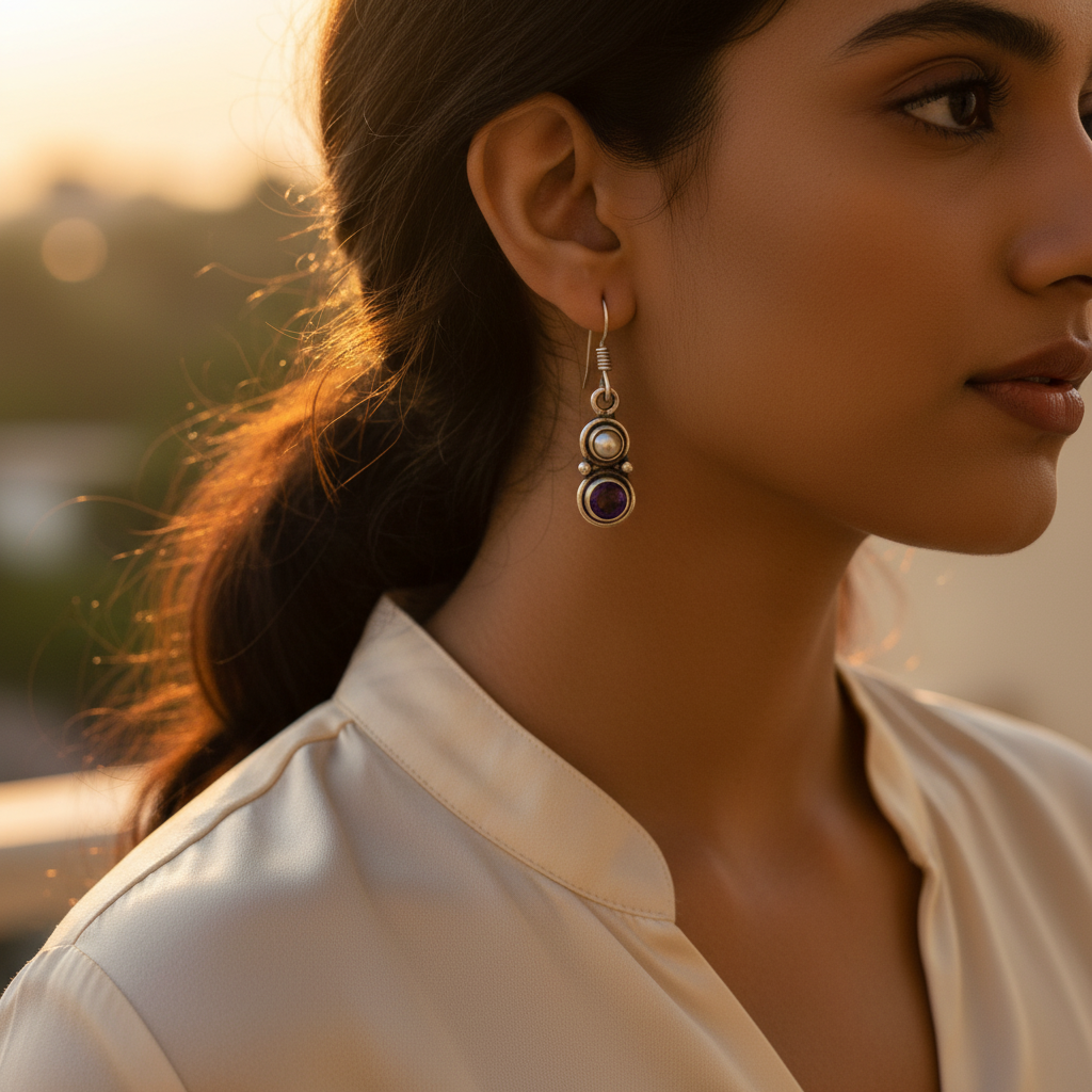 925 Silver Amethyst & Pearl Drop Earrings for Women