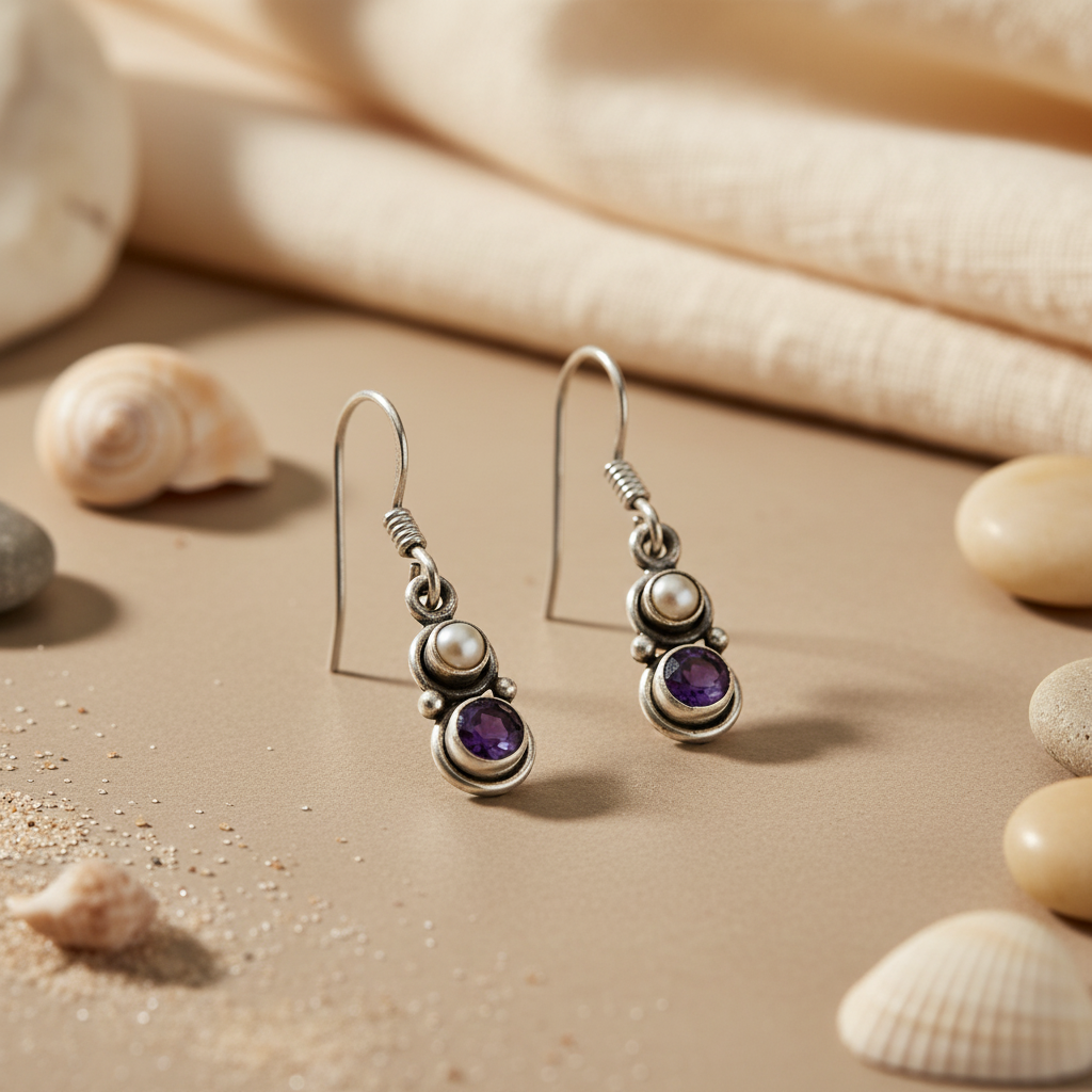 925 Silver Amethyst & Pearl Drop Earrings for Women