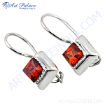 Load image into Gallery viewer, Silver drop earrings with square-cut red gemstones set in a polished silver frame, perfect for everyday wear.
