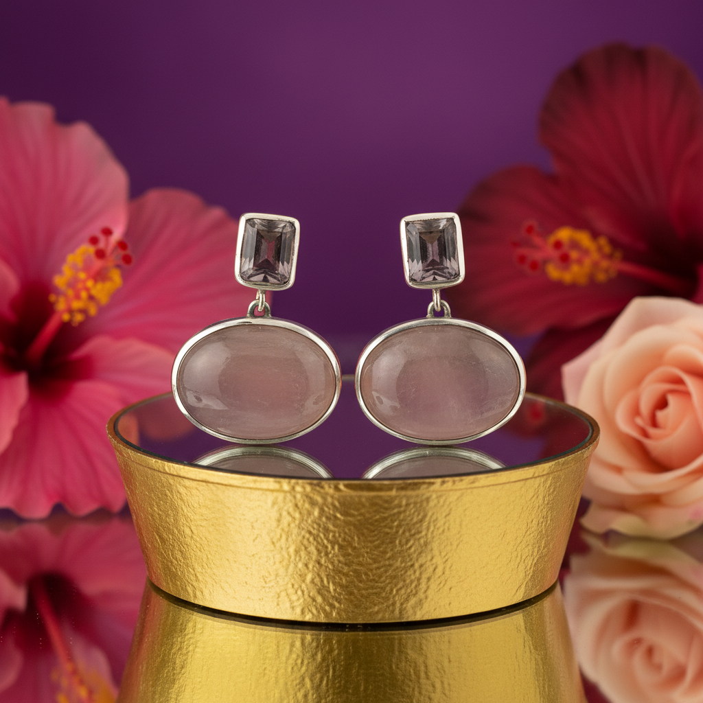 925 Silver Rose Quartz Earrings for Women | Gemstone Jewelry