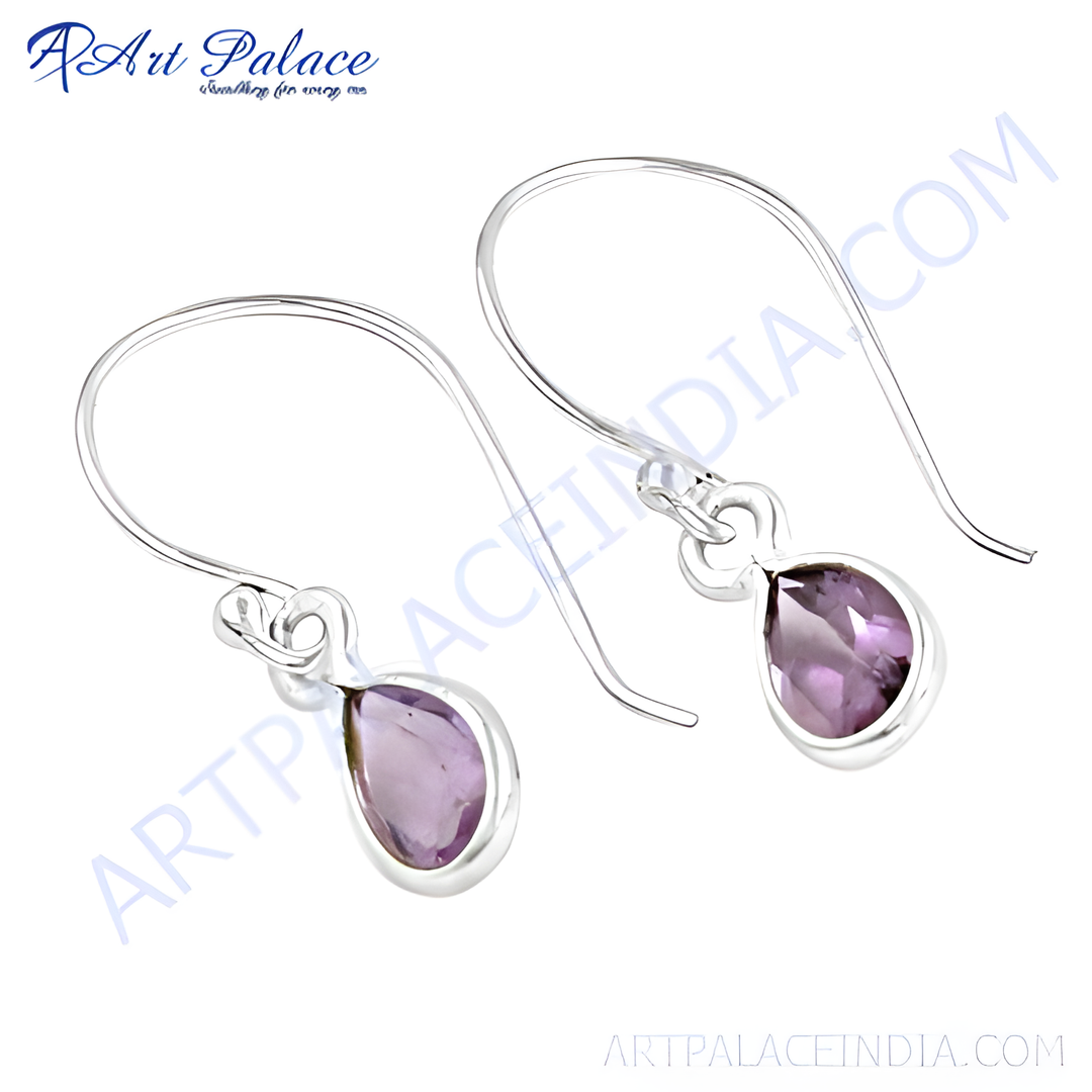 925 sterling silver drop earrings with pear-shaped amethyst gemstones, purple color, dangle style