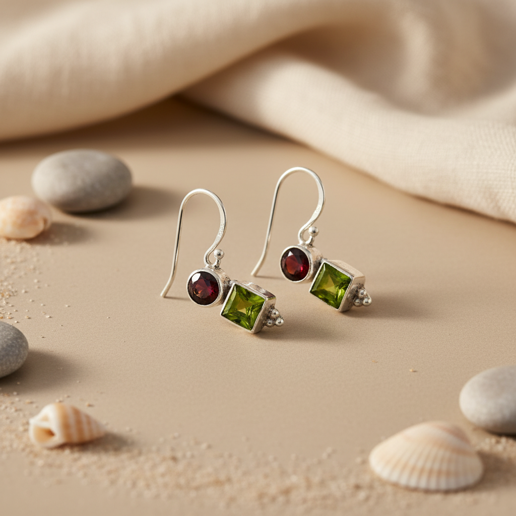 925 Silver Peridot & Garnet Drop Earrings for Women