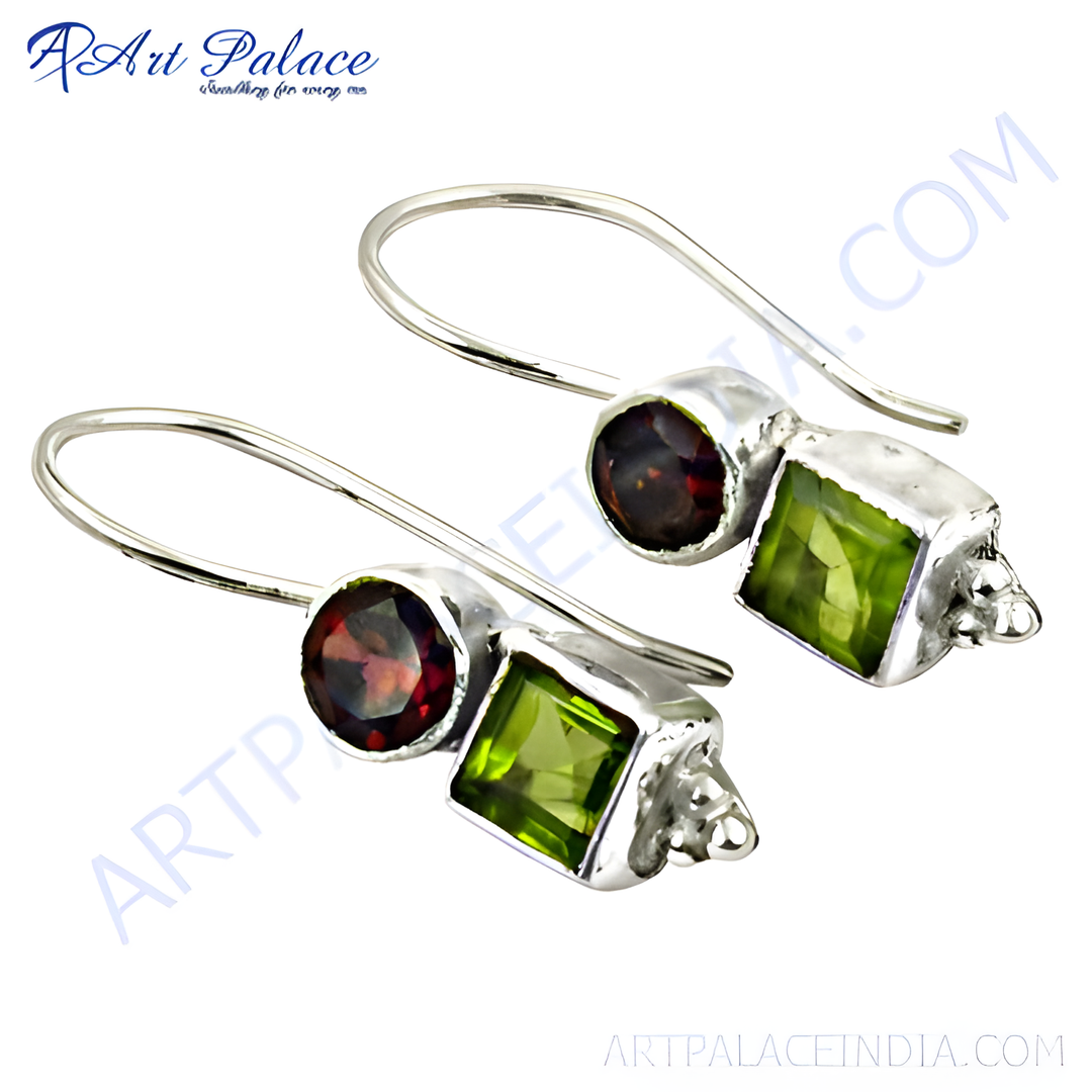 925 sterling silver drop earrings featuring peridot and garnet gemstones.