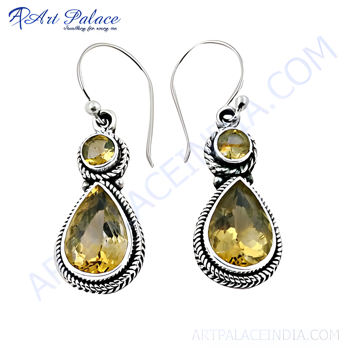 925 sterling silver dangle earrings with yellow citrine gemstones in a teardrop shape