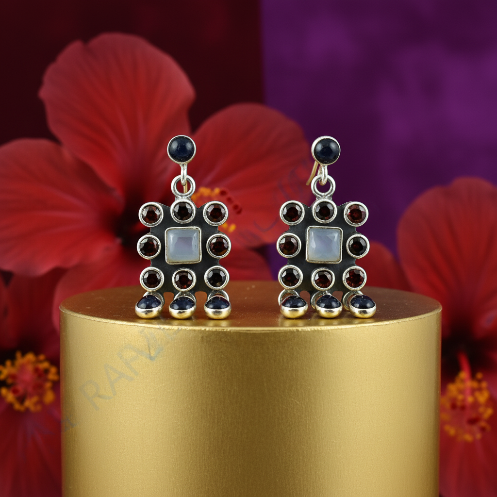 925 Silver Garnet & Iolite Drop Earrings for Women | Gift
