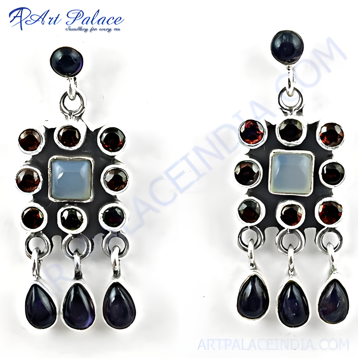 925 sterling silver drop earrings with garnet and iolite gemstones