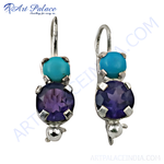 Load image into Gallery viewer, Sterling silver drop earrings with blue turquoise and purple amethyst gemstones
