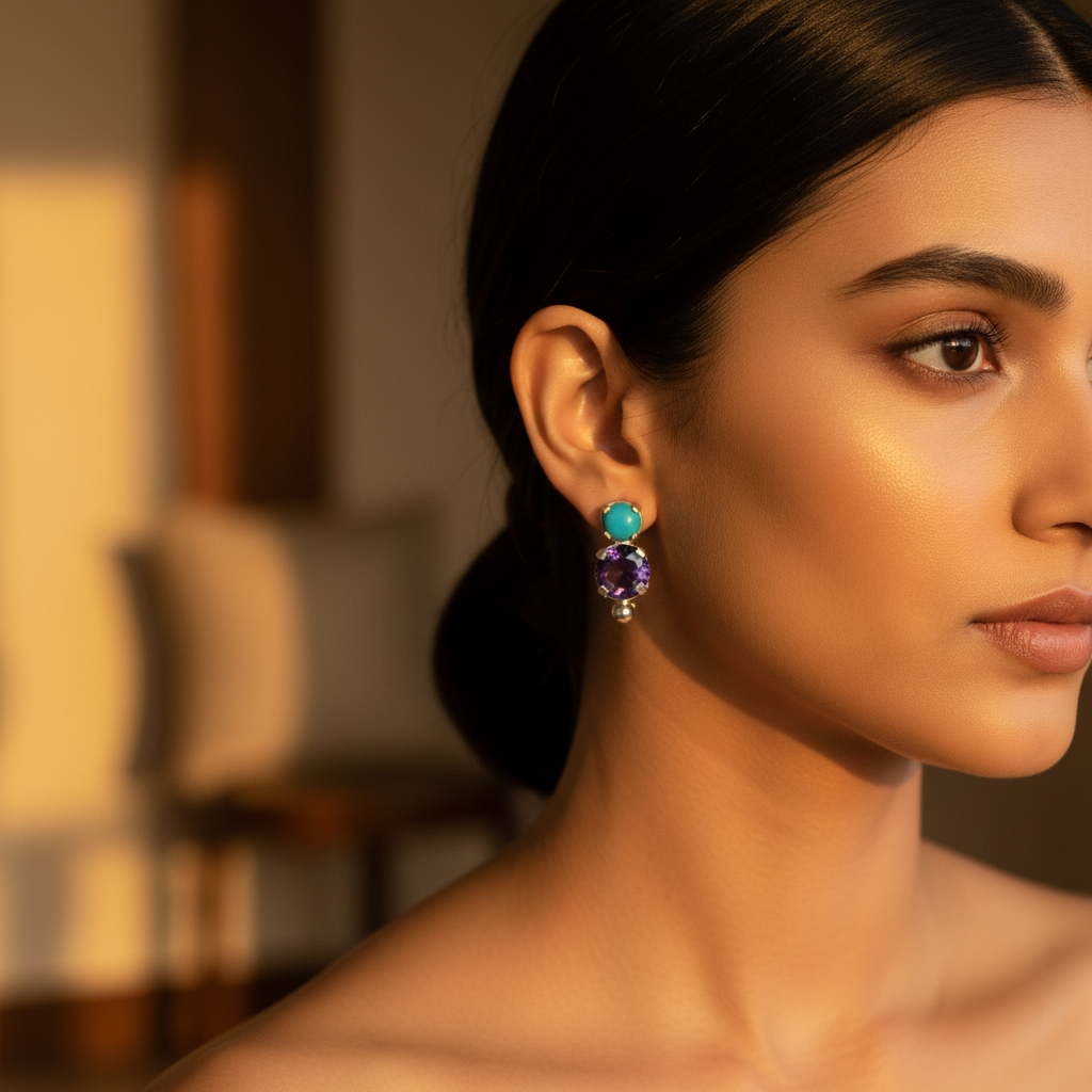 925 Silver Turquoise & Amethyst Drop Earrings for Women