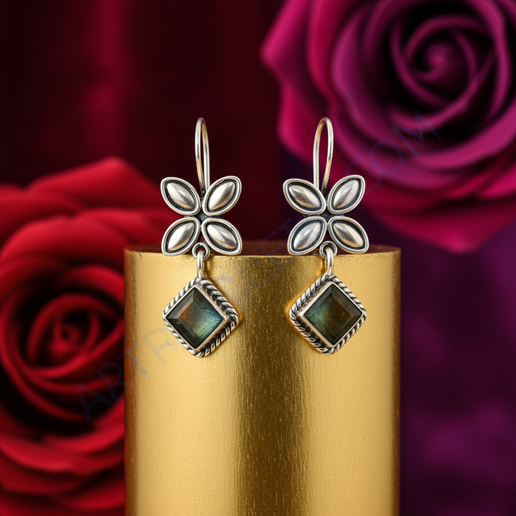 925 silver flower drop earrings with labradorite | for women