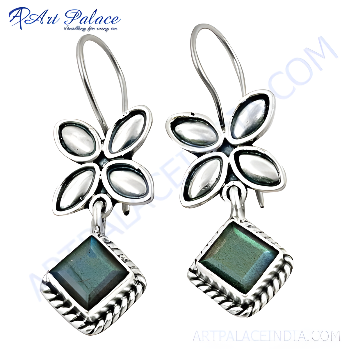 925 sterling silver flower drop earrings with a labradorite gemstone and hook closure