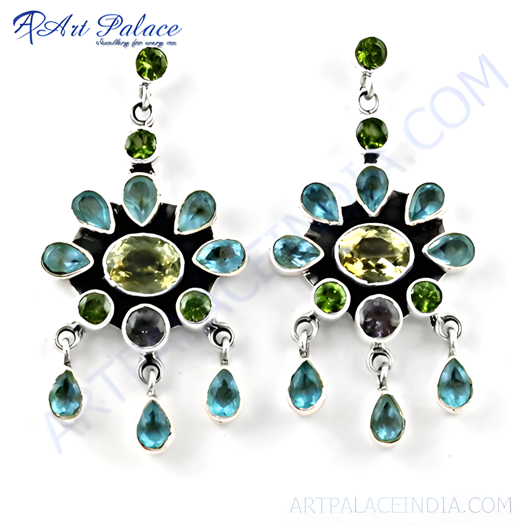 925 sterling silver dangle earrings with blue topaz, peridot, and citrine gemstones