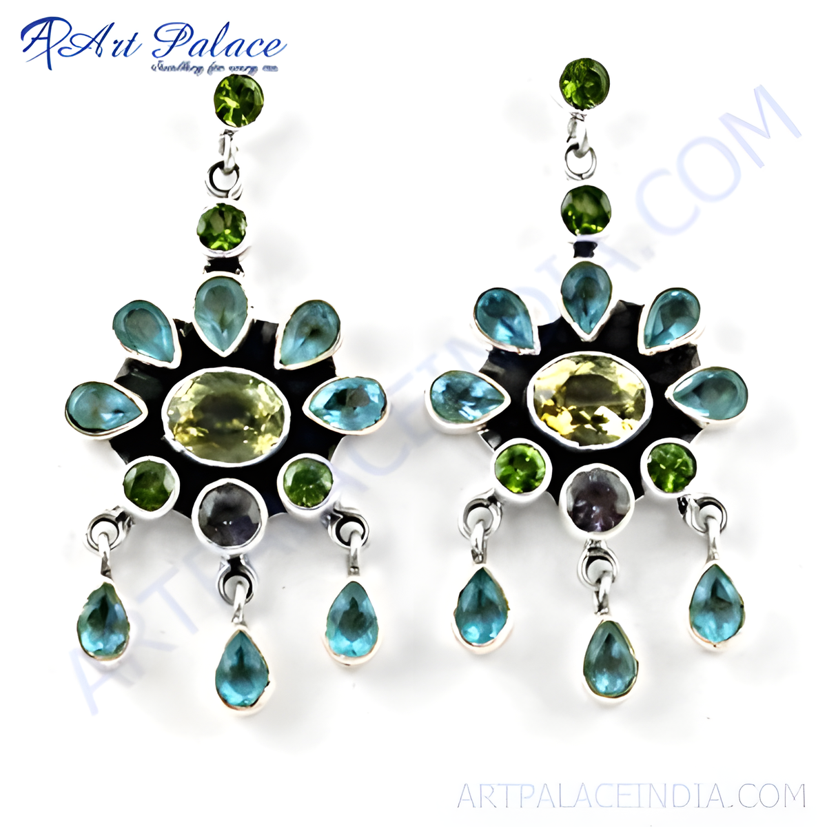 925 sterling silver dangle earrings with blue topaz, peridot, and citrine gemstones