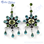 Load image into Gallery viewer, 925 sterling silver dangle earrings with blue topaz, peridot, and citrine gemstones
