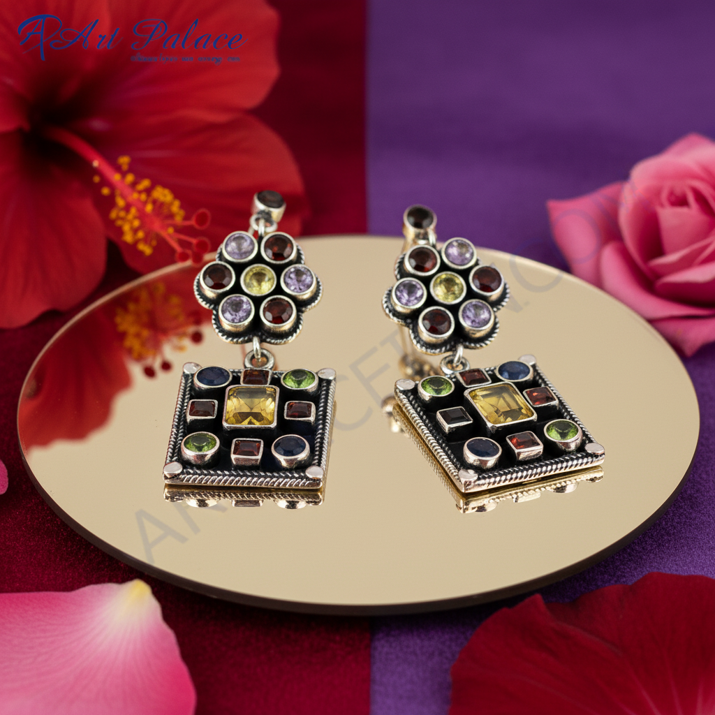 925 Silver Multi-Gemstone Dangle Earrings | Women's Fashion Jewelry