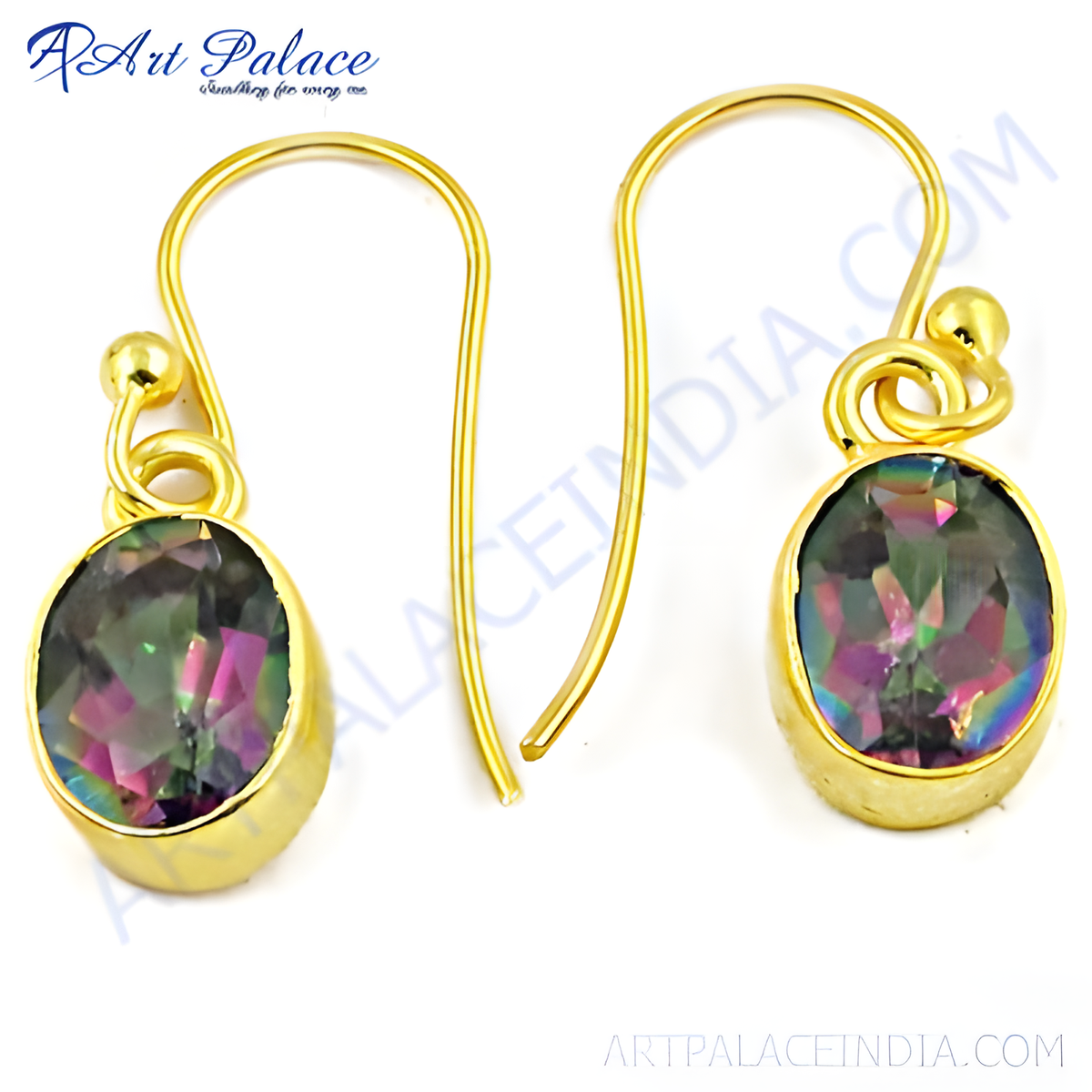 Gold dangle earrings featuring oval mystic topaz gemstones with iridescent colors