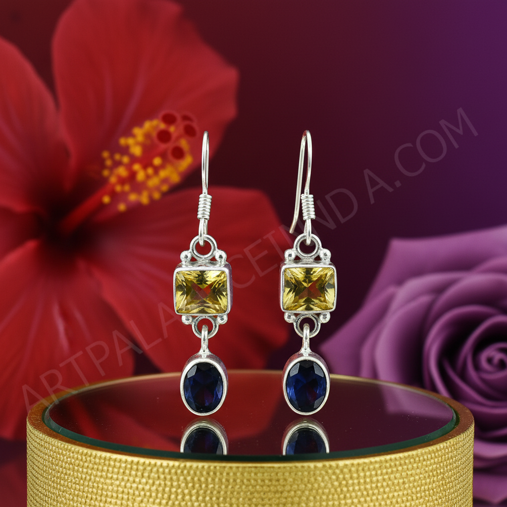 925纯银黄水晶缟玛瑙水滴耳环 | 宝石首饰