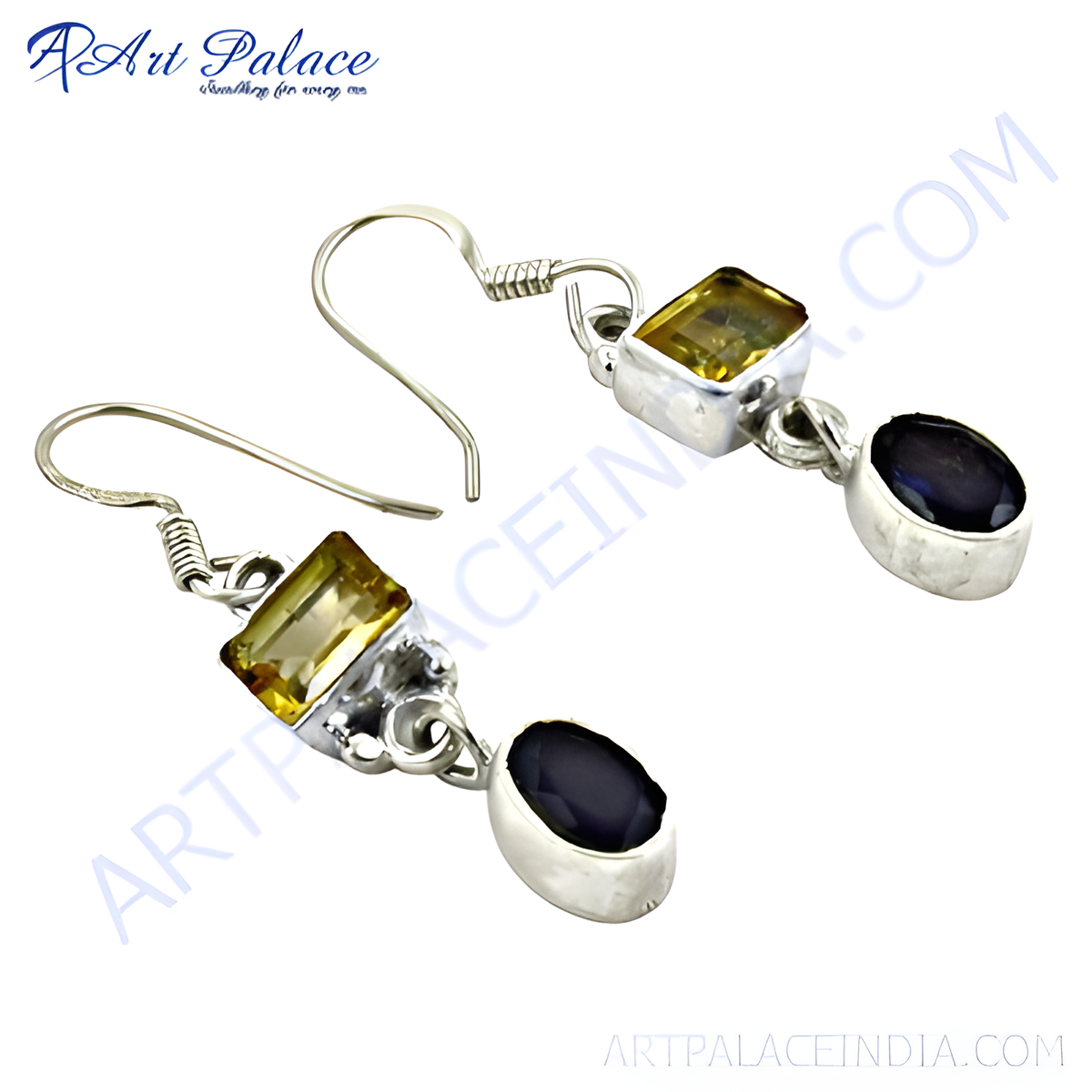 925 sterling silver drop earrings featuring citrine and onyx gemstones