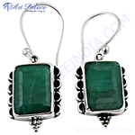 Load image into Gallery viewer, 925 sterling silver dangle earrings with rectangular green emerald gemstones
