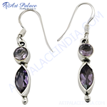 Load image into Gallery viewer, 925 sterling silver drop earrings with marquise-cut and round amethyst gemstones in purple.
