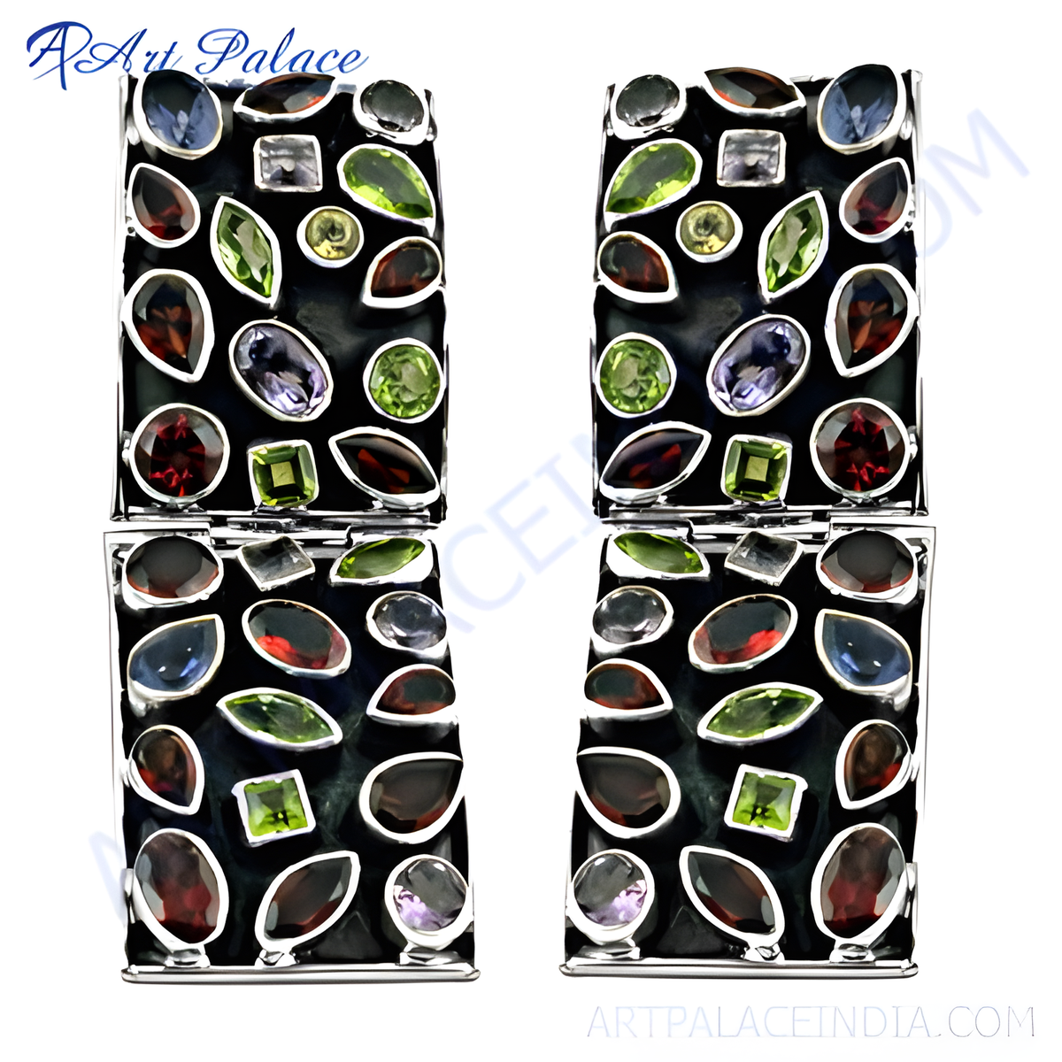 Sterling silver dangle earrings with various colorful gemstones including garnet and peridot, statement jewelry for women